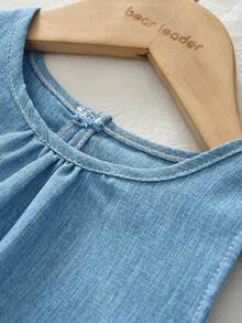 Summer Light Blue Girls 2 Pieces Set, Denim Effect Vest And Lace Trim Pants, Casual Outfit - Blue - View 3