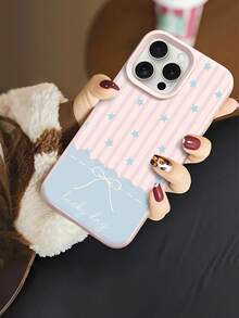 1pc Fashionable Striped Star Patchwork Bow Design Liquid Silicone Shockproof Soft Phone Case, Compatible With Apple 11/12/13/14/14Plus/15/15Plus/16/16Plus/7/8Plus/17/17Pro - Multicolor - View 1