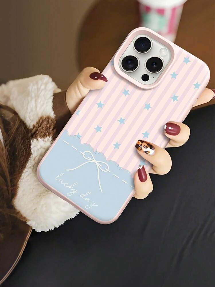 1pc Fashionable Striped Star Patchwork Bow Design Liquid Silicone Shockproof Soft Phone Case, Compatible With Apple 11/12/13/14/14Plus/15/15Plus/16/16Plus/7/8Plus/17/17Pro - Multicolor - View 1