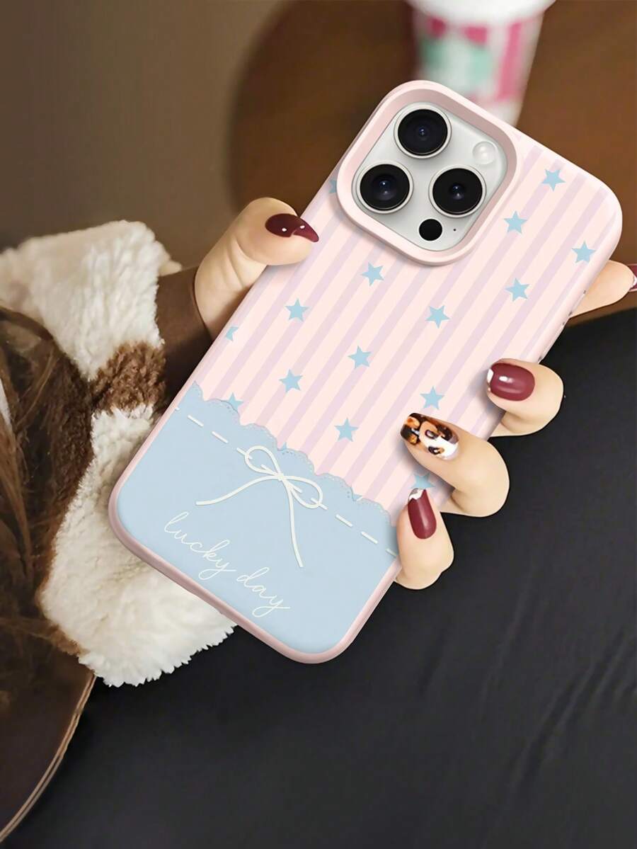 1pc Fashionable Striped Star Patchwork Bow Design Liquid Silicone Shockproof Soft Phone Case, Compatible With Apple 11/12/13/14/14Plus/15/15Plus/16/16Plus/7/8Plus/17/17Pro - Multicolor - View 1