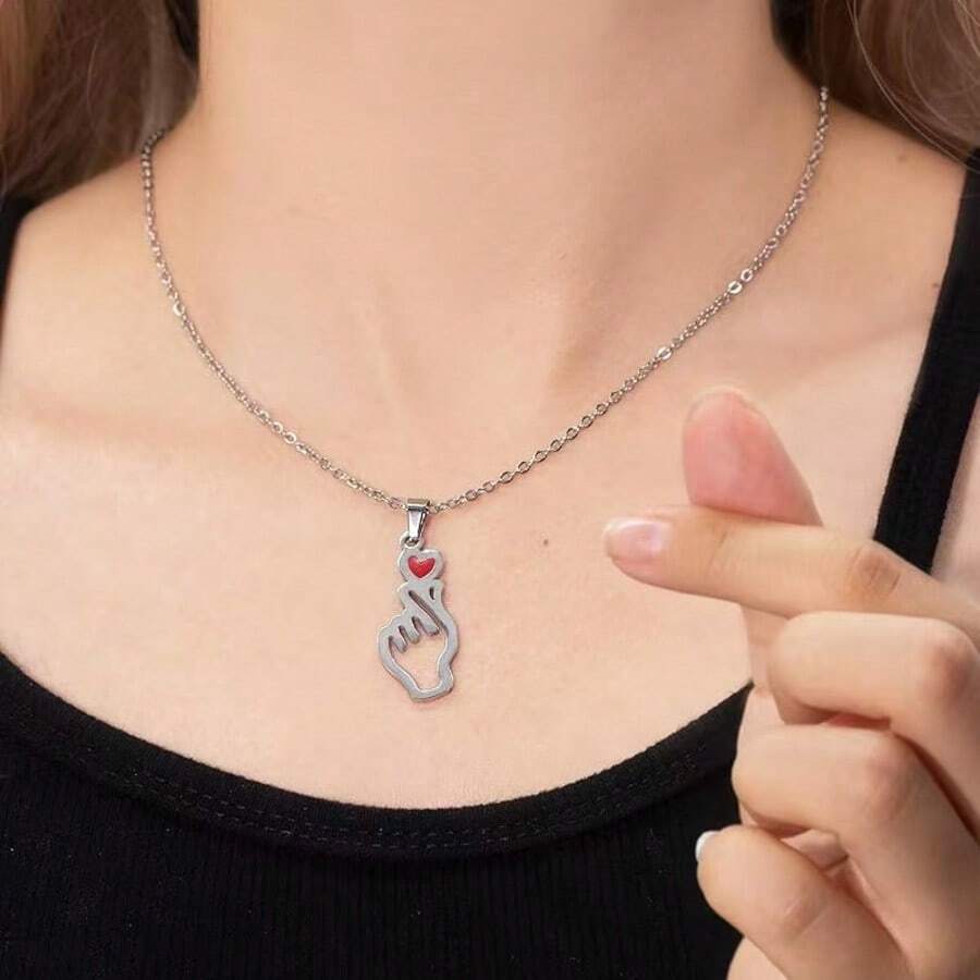 Unisex Fashionable Stainless Steel Korean Style Heart Gesture Pendant Necklace - Silver - View 1