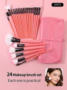 24pcs Professional Makeup Brush Set, High-Quality Synthetic Hair Foundation Brush, Blush Brush, Eyeshadow Blending Brush, Cosmetic Tools, Full Makeup Brush Set With Storage Bag - Pink - View 3