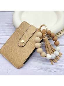 Silicone Beaded Bracelet Wristband With PU Leather Mini Wallet - Vintage Tassel Card Holder Keychain, Holds ID Credit Business Card, Perfect Gift For Women Birthday Christmas Thanksgiving Vacation - Black - View 8
