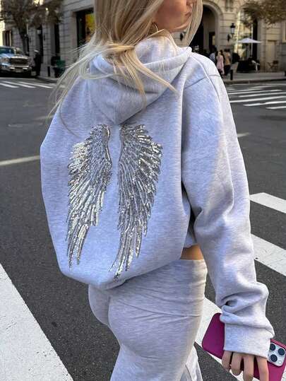 Sequin Embroidered Angel Wings Light Grey Sweatshirt Y2K Cute Women Sweatshirt, Casual Dropped Shoulder Long Sleeve Sweatshirt For Women
