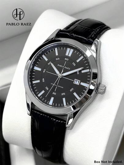 Pablo Raez 1pc Black Casual Men Watches Original Luxury Silver Jewelry Non Tarnish Color Man Wristwatch Stainless Steel Charming Vintage 50M Waterproof Soft Leather Bracelet Chain Luminous Bar & Hands Calendar Glamorous Quartz Clock High Quality AAA Popular Top Brand New Men's Metal Steel Casual Fashion Dress Suit