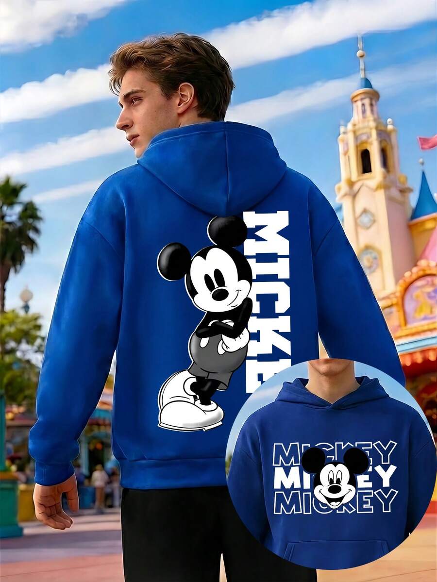 Men's Crew Neck Sweatshirt And Sweatpants Set, Featuring Disney Mickey Mouse Lettering And Mickey Mouse Prints, Sportswear, Comfortable Men's Hoodie And Sweatpants Two-Piece Set, The Best Gift For Men. - 藍色 - 查看 1