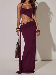 两件套女士优雅露背褶皱吊带背心和长裙，中等弹力，波西米亚休闲风，新款时尚创意夏季套装 - 紫色 - 查看 1