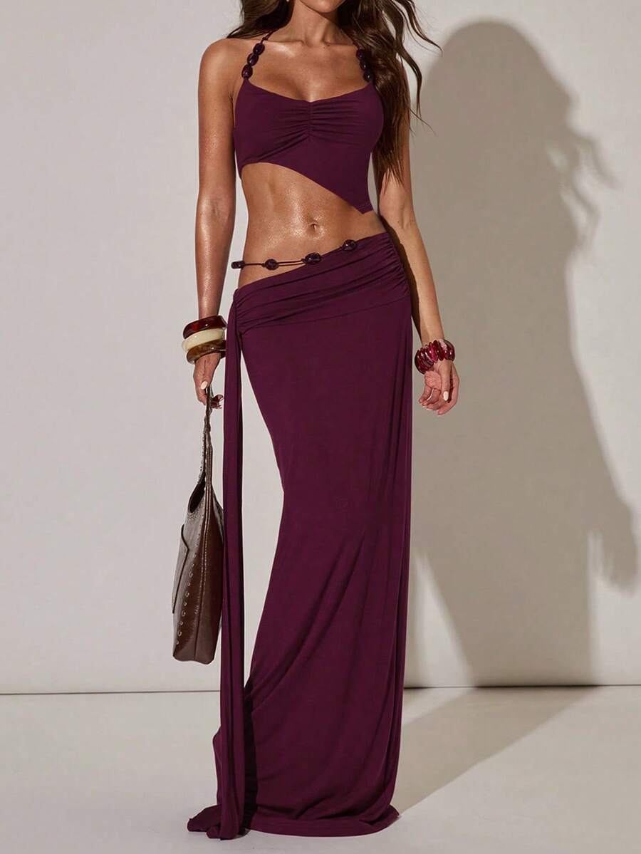两件套女士优雅露背褶皱吊带背心和长裙，中等弹力，波西米亚休闲风，新款时尚创意夏季套装 - 紫色 - 查看 1