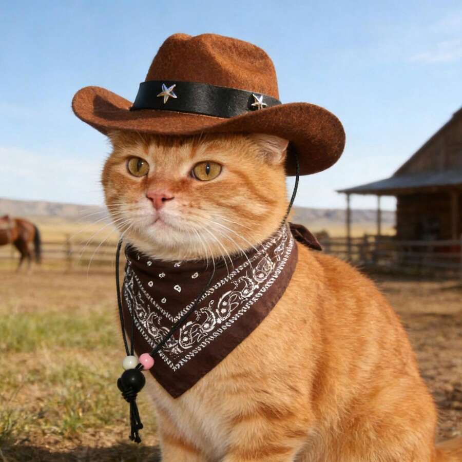 复古棕色宠物西部牛仔套装,猫/狗节日派对服装,含帽子和头巾两件套 - 棕色 - 查看 1
