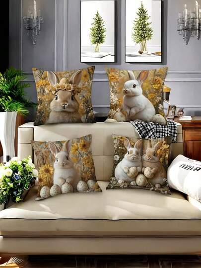 4pcs Contemporary Easter Bunny Throw Pillow Covers, 17.72" Decorative Cushion Cases, Machine Washable, Zipper Closure, Woven Polyester, With Pillow Inserts Not Included For Living Room And Bedroom Decor