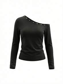 Retro American Sexy Studded Asymmetric Shoulder Long Sleeve Slim Fit Casual Top - Black - View 2
