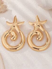 1对夸张简约INS风个性化海洋海星贝壳金属五角星螺旋休闲耳环，女士款 - 海星海螺 - 查看 3