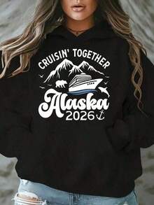 Women Hooded Drawstring Sweatshirt Cruisin Together Alaska 2026 Cruise Ship Mountains Bear And Dolphin Print For Vacation Travel Summer Holidayprinted Sweatshirt - màu đen - Xem 2