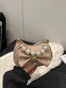 1pc Sweet Bow Handbag Shoulder Bag, Fashion Casual Solid Color Small Size, Meets Basic Storage Needs, Multi-Color Options, Exquisite Versatile, Suitable For Daily Outings, Shopping, Photography, Gifts For Teenagers, All Seasons - Pearl Handbag - View 3