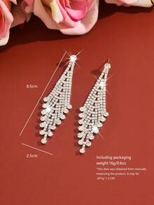 1 Pair Multi-Layer Crystal Tassel Earrings, Copper Material, Elegant Design, Party/Wedding Accessory, Date Outfit, Birthday Gift - Silver - View 3