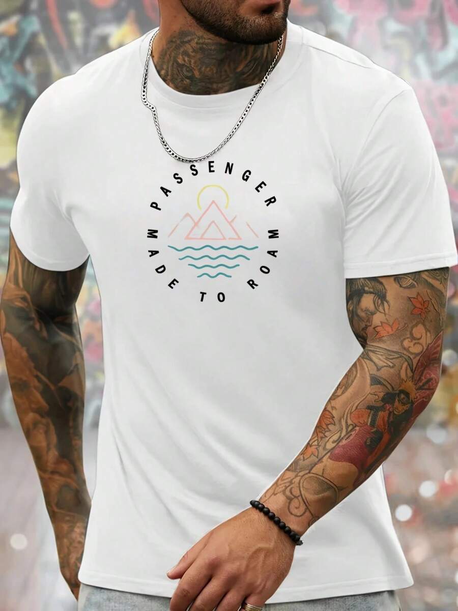 Master The Outdoor Vibe! PASSENGER Mountain Design Printed Men's T-Shirt, Casual Short-Sleeved Breathable And Comfortable Outdoor Top