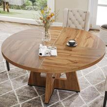 LITTLE TREE Farmhouse Dining Table, 120 Cm Round Dinner Table For 4, Rustic Wood Dining Room Table For Home Dining Room Living Room (Easy Assembly) - Beige - View 5