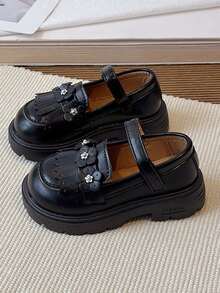 1双女童可爱公主厚底乐福鞋，透气柔软防滑百搭漆皮鞋，方便穿脱的婴幼儿学步鞋，复古风格，适合春、夏、秋季穿着。 - 黑色 - 查看 4