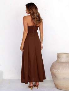 Elegant Strapless Long Linen Dress For Weddings, Offices, Holidays, Formal And Evening Events. - 鏽棕色 - 查看 2