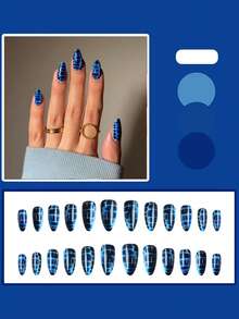 Monina 24片深蓝色蛇皮杏仁形假指甲，朋克摇滚风蛇皮简约时尚美甲，高端百搭休闲亮泽美甲，时尚达人必备美甲用品 - 藍色 - 查看 3