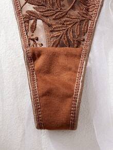 两件套女士性感内衣套装，棕色，超薄透气网纱，花卉刺绣，纯真迷人，包含文胸和丁字裤；情人节约会的完美之选 - 棕色 - 查看 6