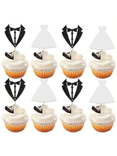12 piezas Decoraciones para cupcakes de boda con novio y novia con brillo - Decoraciones para pasteles con forma de esmoquin blanco y negro de bambú (No se requiere ensamblaje), Decoración de boda