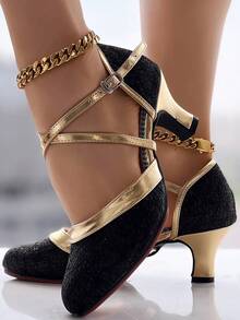 Women Pumps Dance Heels Pointed Toe Soft Sole Mid Heel Metallic Crisscross Ankle Strap Buckle Outdoor Latin Shoes - Black - View 5