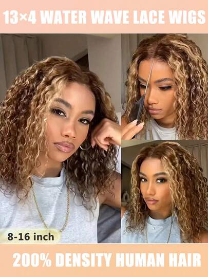 Peluca rizada con degradado rubio con raya al medio, perfecta para Halloween, Acción de Gracias y disfraces navideños. Peluca bob de cabello humano con ondas acuáticas y encaje transparente de 13x4, 200% de densidad, 16 pulgadas, #4/27