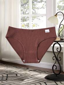 5pcs/Set Teenage Girls' Cotton Basic Ribbed Solid & Striped Comfortable Underwear Briefs, Autumn/Winter - Maroon - View 6