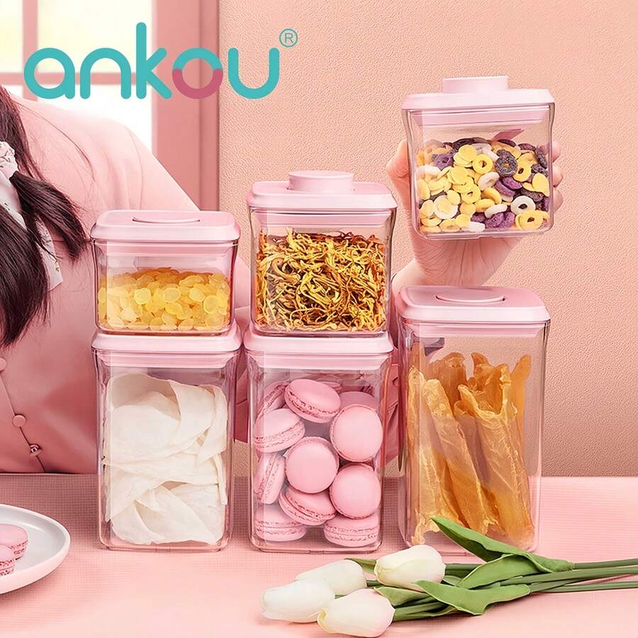 ANKOU Set de 3 recipientes herméticos para almacenamiento de alimentos (0.32L+0.5L+1.2L), elegante color rosa transparente, diseño de sellado a presión, adecuado para aperitivos, galletas, granos, frutas, frutos secos, especias, azúcar, bodas, fiestas y uso doméstico, tapa de apertura y cierre de un solo clic, conveniente para la organización y el almacenamiento en el gabinete de la cocina