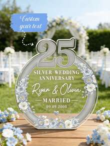 Personalized Custom Silver Wedding Anniversary Acrylic Plaque​ – 10.8cm/4.25in High, 10cm/3.94in Wide, 1cm/0.4in Thick Clear Acrylic Ornament Engraved With Couple Names (E.G., "Ryan & Olivia") And Wedding Date (E.G., "MARRIED 09.09.2000"). Features A Delicate Floral Wreath And Elegant "SILVER WEDDING ANNIVERSARY" Text. - Multicolor - View 1
