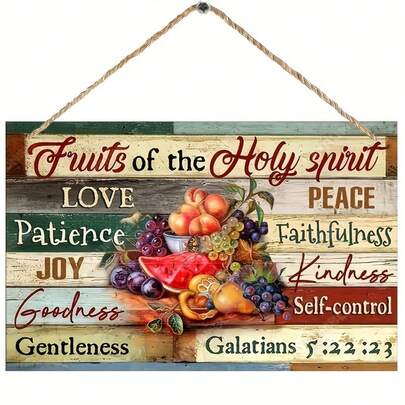 2D Wooden Plaque With Inspirational Fruit Themed Graphics, Featuring Bible Verse And Spiritual Quote, Framed Canvas Wall Art Decor - 7.8" X 5", Depicting The Fruit Of The Spirit Scene