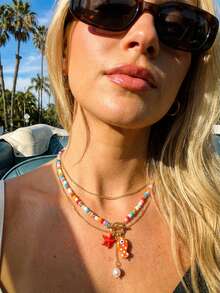 1pc Bohemian Unique & Fun Ceramic Fish, Starfish, Tassel, Faux Pearl, Turquoise Bead OT Clasp Necklace, Great Gift Choice For Friends And Family, Summer New Arrival - Multicolor - View 2