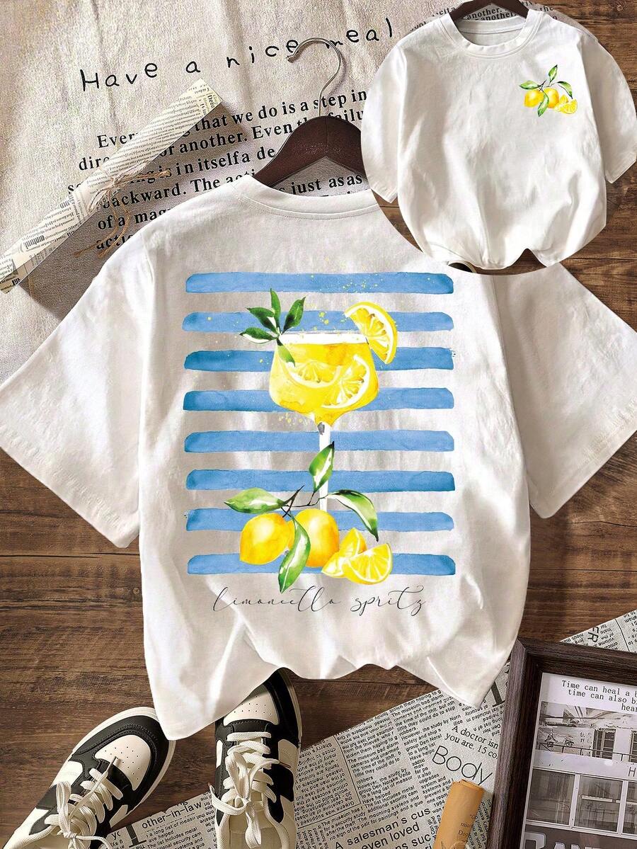 Limoncello Lemon Fruit Stripe Graphic T-Shirt, Women Casual Round Neck Short Sleeve Simple T-Shirt, Summer Vacation, Beach - Multicolor - View 1