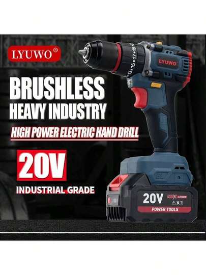 LYUWO 电动工具，20V 可充电锂离子无绳电钻，正反转，双速调节，LED 灯，高容量电池，强劲续航，扭矩可调，输出稳定，符合人体工程学的手柄设计，握感舒适，包含配件，适用于家庭维修、轻型木工和家具安装。