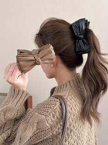 Leather Bow Brown High Ponytail Clip, Autumn/Winter New Korean Style Elegant Versatile Vertical Hair Accessory - Multicolor - View 4