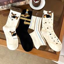 4 Pairs Of Cute Dachshund Printed Women's Round Neck Socks, 2026 New Year Cartoon Dog Socks, Soft And Comfortable Cotton Socks, Suitable For Daily Home Wear - Random - View 9