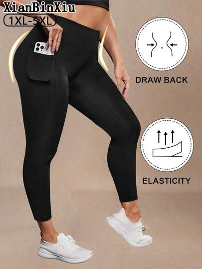 XianBinXiu 1pc Women Plus Size Solid Seamless Yoga Leggings, Foldable Tummy Control Waist Lifting Butt Lifting Pockets, Suitable For Gym, Workout, Fitness, Low-Impact Yoga, Pilates, Ballet Studio, Casual Daily Wear, Spring/Summer