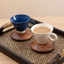 一套150毫升/5盎司独特锥形设计咖啡杯，配相思木杯垫，复古反应釉陶瓷咖啡杯碟套装，适用于家庭、餐厅、聚会和办公室。 - 彩色 - 查看 11