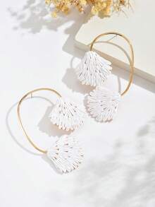 一对清新可爱甜美度假风纹理线条几何C形轮廓贝壳手工编织拉菲草耳环，时尚波西米亚风彩色编织拉菲草纹理线条贝壳耳钉，适合女性日常、度假、派对佩戴 - 白色 - 查看 2