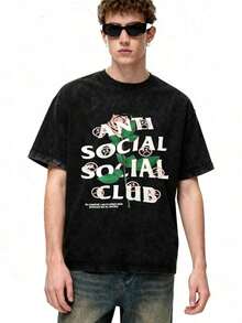 2026 Summer Tops1pc Retro Water Washed T Shirts, Artistic Graphic Featuring A Blooming Rose Intertwined With Bold Anti Social Club Text Symbolizing Contrast Between Beauty And Isolation Vintage 100% 230g Pure Cotton Casual Tee For Men,Street Y2K, Summer Tops, New Year Gifts,UnisexLoose And Comfortableshirt - màu đen - Xem 1