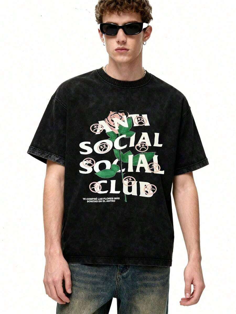 2026 Summer Tops1pc Retro Water Washed T Shirts, Artistic Graphic Featuring A Blooming Rose Intertwined With Bold Anti Social Club Text Symbolizing Contrast Between Beauty And Isolation Vintage 100% 230g Pure Cotton Casual Tee For Men,Street Y2K, Summer Tops, New Year Gifts,UnisexLoose And Comfortableshirt - màu đen - Xem 1