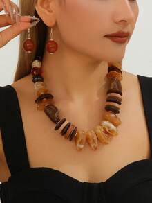 1 Set Handmade Exaggerated Artificial Stone Necklace And Earrings Jewelry Set, Suitable For Women To Wear On Beach Vacation, Parties, And Gatherings - Multicolor - View 5