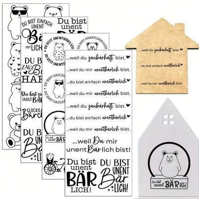 4pcs/Set German Lucky Teddy Bear Quote Saying Theme UV Transfer Stickers | Self-Adhesive Plastic Decals For Crafts, Mugs, Laptops & Water Bottles, High-Quality Prints, Durable, Glossy