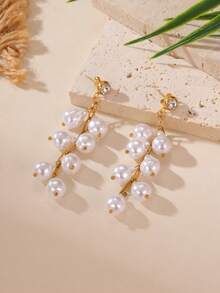 GEREIT 2pcs Minimalist Faux Pearl Tassel Long Earrings, Elegant Design, 18K Stainless Steel, Suitable For Women's Daily Wear - Gold - View 9