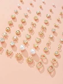 30 Pairs Assorted Flower, Heart, Bow Knot, Faux Pearl Metal Rhinestone Stud Earrings, Casual & Everyday Wear - Yellow Gold - View 4