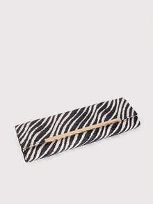 Zebra Print Straw Clutch, Striped Woven Long Wallet, Elegant Party & Daily Clutch - Black and White - View 4