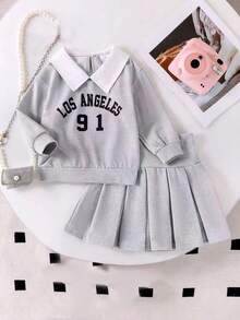 2 件套年轻女孩休闲学院风字母印花领运动衫和百褶裙套装，春秋 - 灰色 - 查看 2