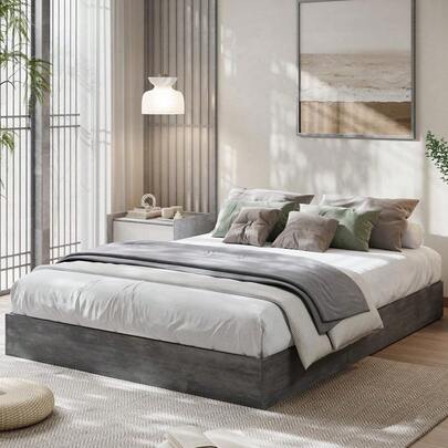Cama minimalista de madera sin cabecero. Soporte de listones de madera resistente. No necesita somier. Fácil montaje.