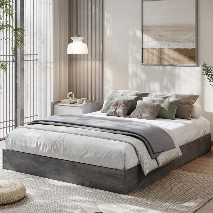 Cama minimalista de madera sin cabecero. Soporte de listones de madera resistente. No necesita somier. Fácil montaje. - Gris Oscuro - Ver 1